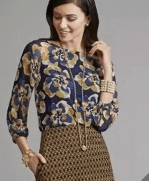 CAbi Tops - Cabi Lydia Sheer Chiffon 3/4 Sleeve Blouse Top Medium Blue Yellow Floral Office